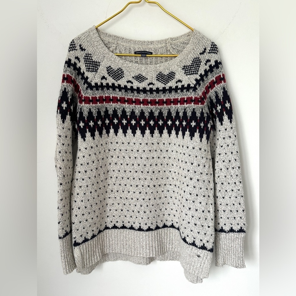 American Eagle Gray Hearts Fair Isle Look Wool Blend Oversized Sweater Sz Small